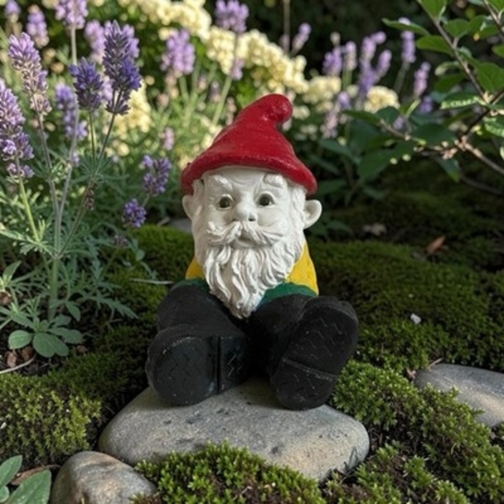Vintage Garden Gnome Statue Sitting Clay Red Hat Wharf Yard Decor 8"
